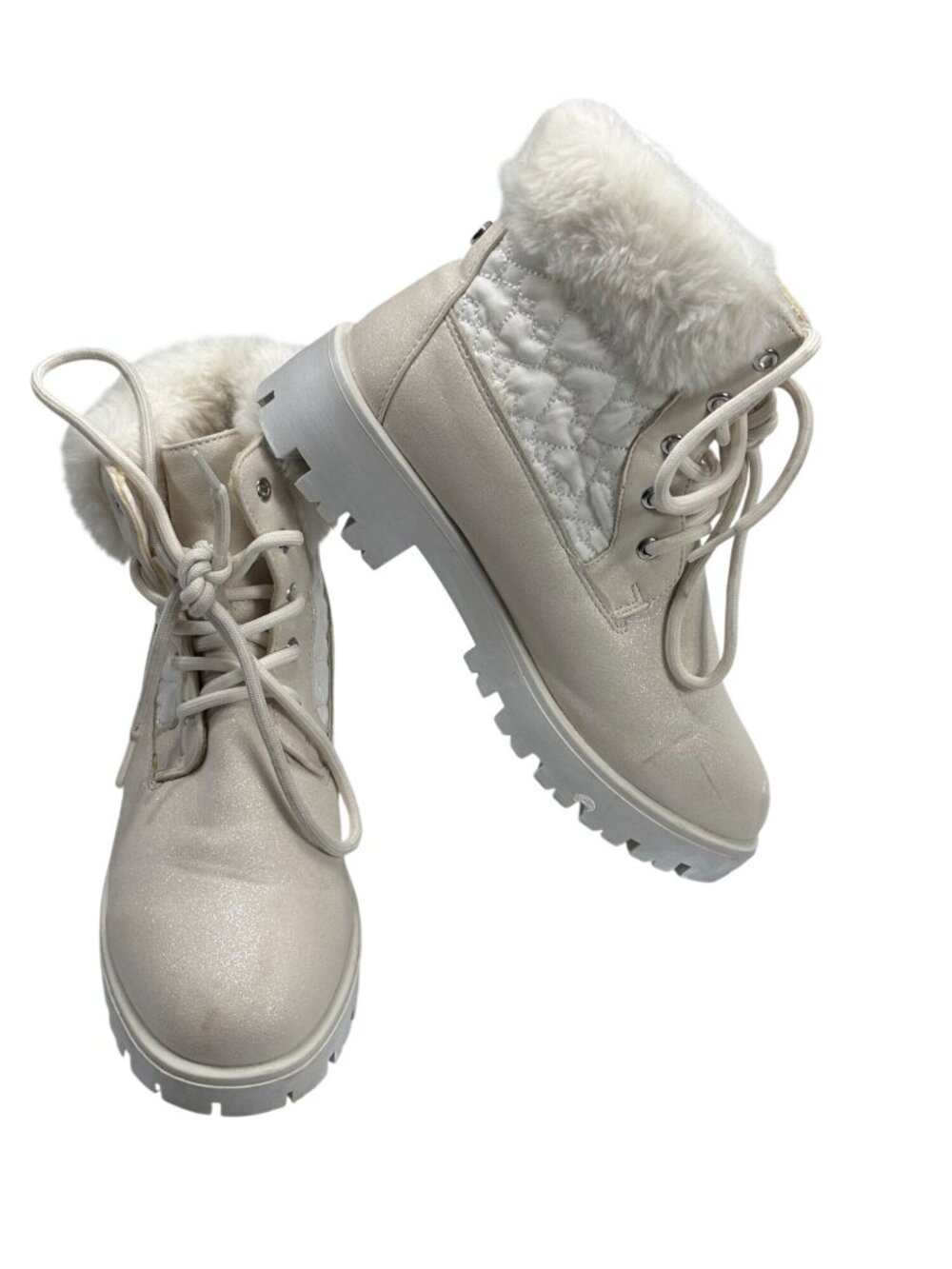 BCBG Girls Light Beige Fur-Lined Quilted Winter Boots Lace-Up size 5